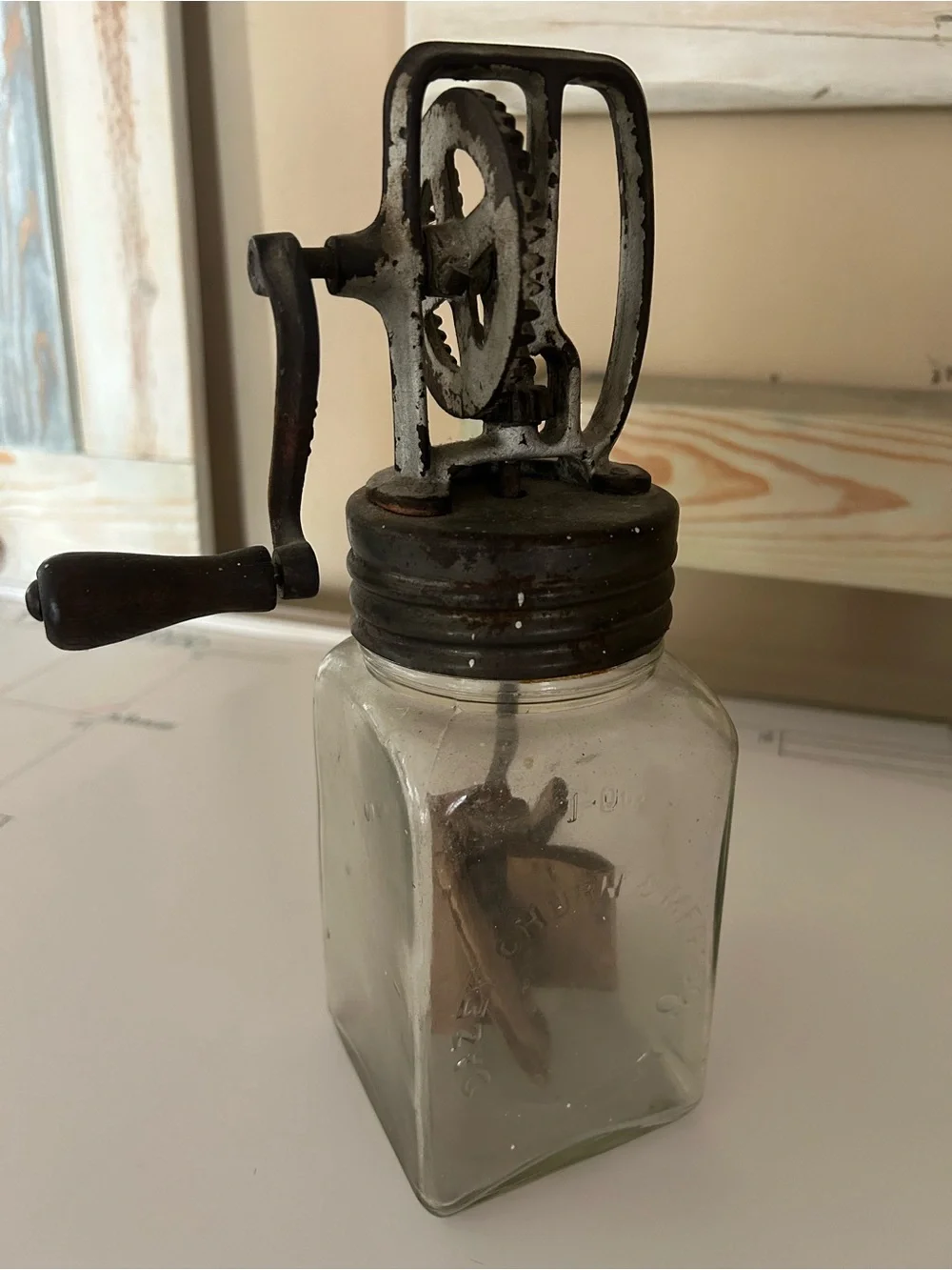 Hand-Crank Butter Churn Jar with Black Metal Top